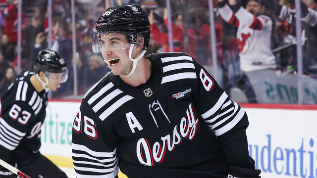 NEWARK, NJ - DECEMBER 14: New Jersey Devils center Jack Hughes (86) celebrates after scoring a goal during a NHL game between the Chicago Blackhawks and New Jersey Devils at Prudential Center on December 14, 2024 in Newark, New Jersey.