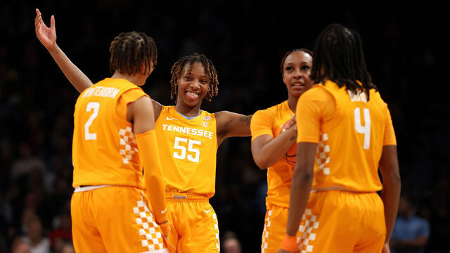 NEW YORK, NEW YORK - DECEMBER 07: Ruby Whitehorn #2, Talaysia Cooper #55, Samara Spencer #7, and Kaniya Boyd #4 of the Tennessee Lady Vols react after their win during the second half against the Iowa Hawkeyes in the Shark Beauty Women's Champions Classic at Barclays Center on December 07, 2024 in the Brooklyn borough of New York City. The Lady Vols won 78-68.