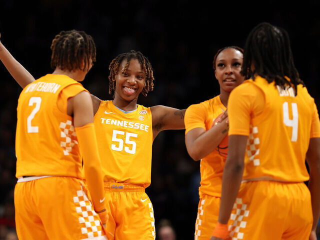 NEW YORK, NEW YORK - DECEMBER 07: Ruby Whitehorn #2, Talaysia Cooper #55, Samara Spencer #7, and Kaniya Boyd #4 of the Tennessee Lady Vols react after their win during the second half against the Iowa Hawkeyes in the Shark Beauty Women's Champions Classic at Barclays Center on December 07, 2024 in the Brooklyn borough of New York City. The Lady Vols won 78-68.