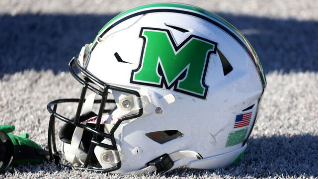 MOBILE, AL - JANUARY 31: A general view of a Marshall Thundering Herd helmet during the National team practice for the Reese's Senior Bowl on January 31, 2024 at Hancock Whitney Stadium in Mobile, Alabama.