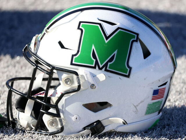 MOBILE, AL - JANUARY 31: A general view of a Marshall Thundering Herd helmet during the National team practice for the Reese's Senior Bowl on January 31, 2024 at Hancock Whitney Stadium in Mobile, Alabama.