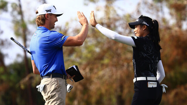 NAPLES, FLORIDA - DECEMBER 14: Patty Tavatanakit of Thailand and Jake Knapp of the United States react to a putt on the seventh green during the second round of the Grant Thornton Invitational 2024 at Tiburon Golf Club on December 14, 2024 in Naples, Florida.