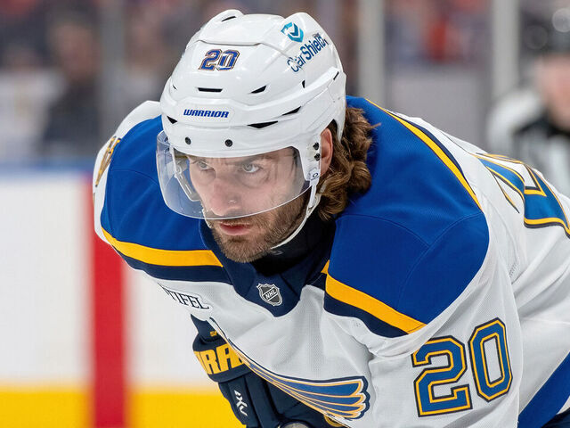EDMONTON, CANADA DECEMBER 7: Brandon Saad #20 of the St. Louis Blues awaits a face-off during the game against the Edmonton Oilers at Rogers Place on December 7, 2024, in Edmonton, Alberta, Canada.