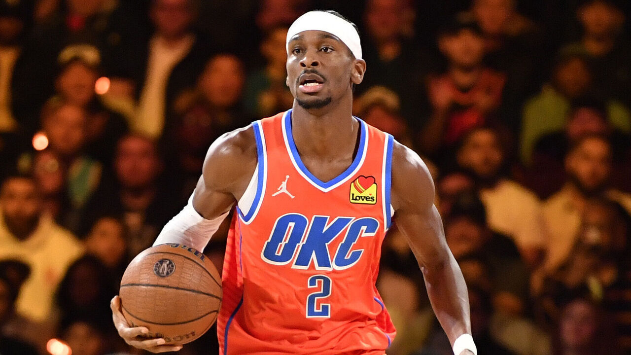 LAS VEGAS, NV - DECEMBER 14: Shai Gilgeous-Alexander #2 of the Oklahoma City Thunder dribbles the ball during the game against the Houston Rockets during the Emirates NBA Cup Semifinal game on December 14, 2024 at T-Mobile Arena in Las Vegas, Nevada. NOTE TO USER: User expressly acknowledges and agrees that, by downloading and/or using this Photograph, user is consenting to the terms and conditions of the Getty Images License Agreement. Mandatory Copyright Notice: Copyright 2024 NBAE