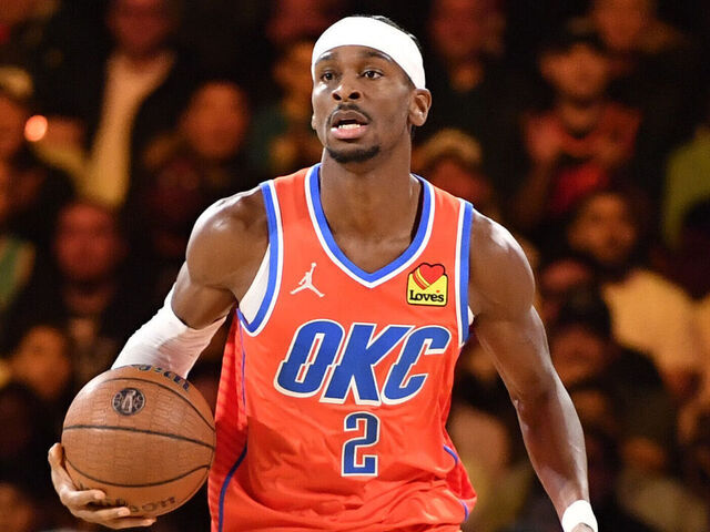 LAS VEGAS, NV - DECEMBER 14: Shai Gilgeous-Alexander #2 of the Oklahoma City Thunder dribbles the ball during the game against the Houston Rockets during the Emirates NBA Cup Semifinal game on December 14, 2024 at T-Mobile Arena in Las Vegas, Nevada. NOTE TO USER: User expressly acknowledges and agrees that, by downloading and/or using this Photograph, user is consenting to the terms and conditions of the Getty Images License Agreement. Mandatory Copyright Notice: Copyright 2024 NBAE