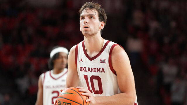 NORMAN, OK - DECEMBER 05: Sam Godwin #10 of the Oklahoma Sooners takes a foul shot during a college basketball game against the Providence Friars at Lloyd Noble Center on December 5, 2023 in Norman, Oklahoma.