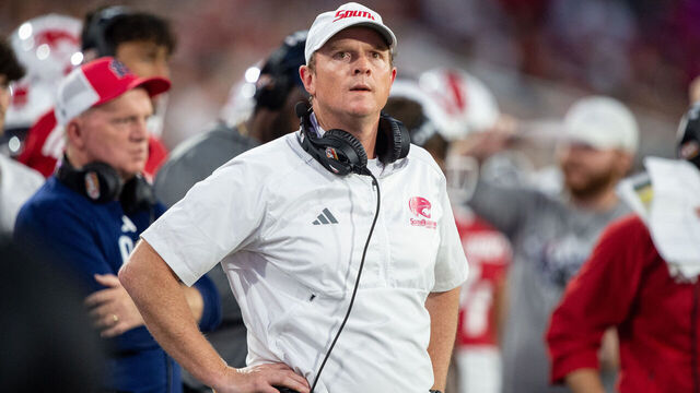 MOBILE, ALABAMA - OCTOBER 26: Head coach Major Applewhite of the South Alabama Jaguars during their game against the Louisiana Monroe Warhawks at Hancock Whitney Stadium on October 26, 2024 in Mobile, Alabama.