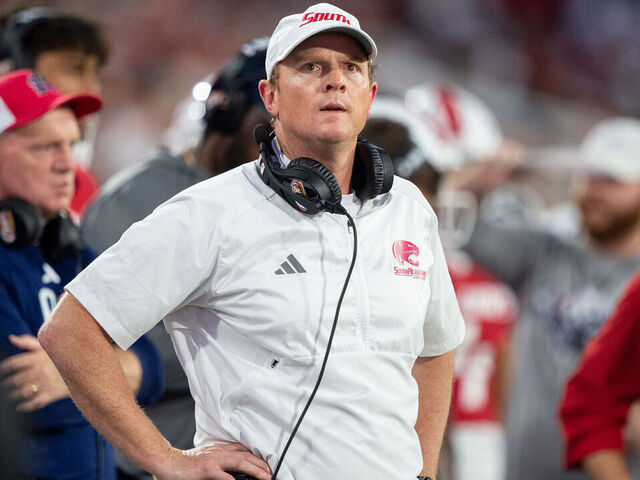 MOBILE, ALABAMA - OCTOBER 26: Head coach Major Applewhite of the South Alabama Jaguars during their game against the Louisiana Monroe Warhawks at Hancock Whitney Stadium on October 26, 2024 in Mobile, Alabama.