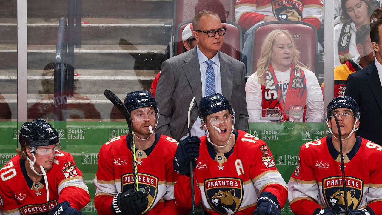 SUNRISE, FL - DECEMBER 7: Head coach Paul Maurice of the Florida Panthers looks on during second period action against the San Jose Sharks at the Amerant Bank Arena on December 7, 2024 in Sunrise, Florida.