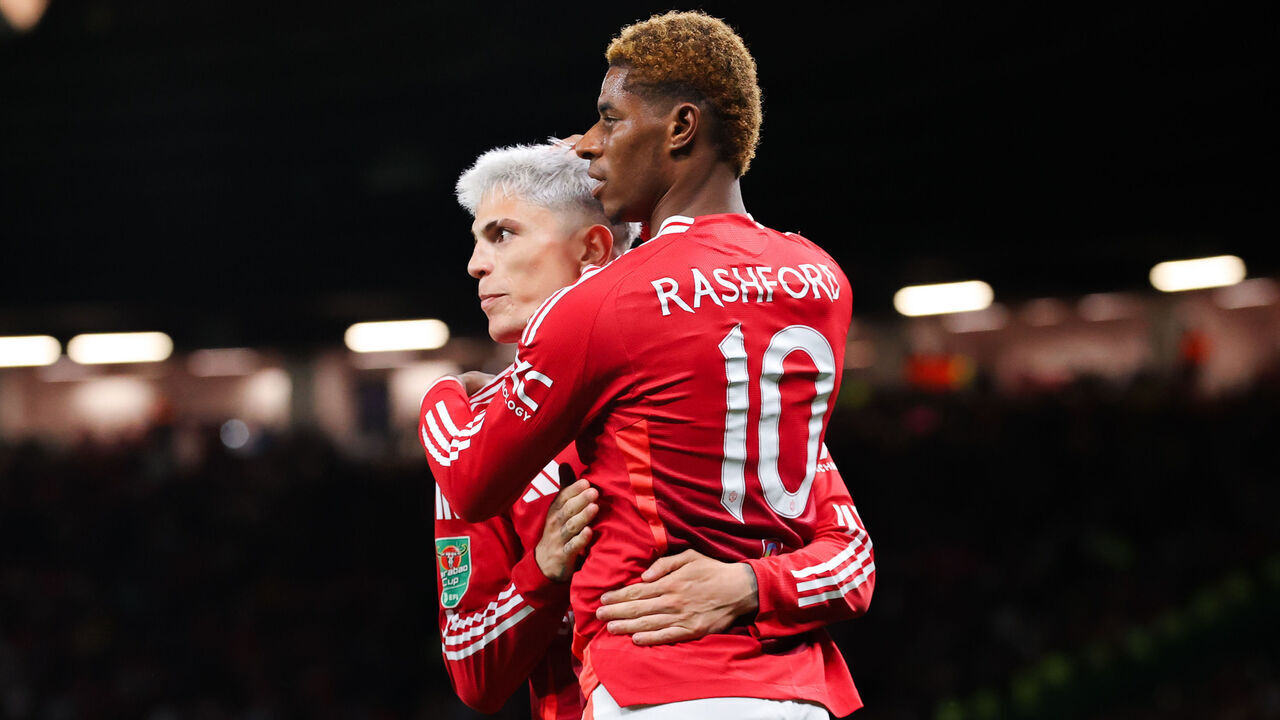 MANCHESTER, ENGLAND - SEPTEMBER 17: Marcus Rashford of MAnchester United celebrates with teammate Alejandro Garnacho after scoring his side's sixth goal during the Carabao Cup Third Round match between Manchester United and Barnsley at Old Trafford on September 17, 2024 in Manchester, England.