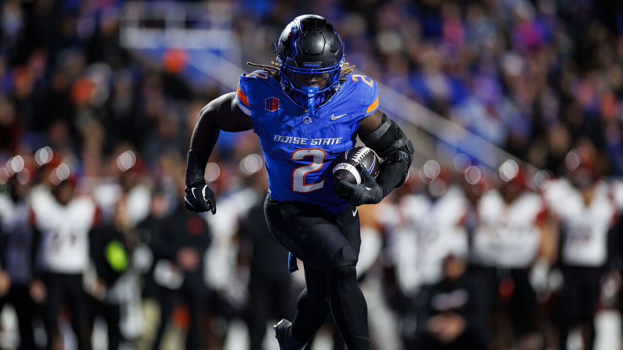 BOISE, IDAHO - NOVEMBER 1: Running back Ashton Jeanty #2 of the Boise State Broncos carries the ball during an NCAA college football game against the San Diego State Aztecs at Albertsons Stadium on November 1, 2024 in Boise, Idaho.