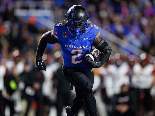 BOISE, IDAHO - NOVEMBER 1: Running back Ashton Jeanty #2 of the Boise State Broncos carries the ball during an NCAA college football game against the San Diego State Aztecs at Albertsons Stadium on November 1, 2024 in Boise, Idaho.