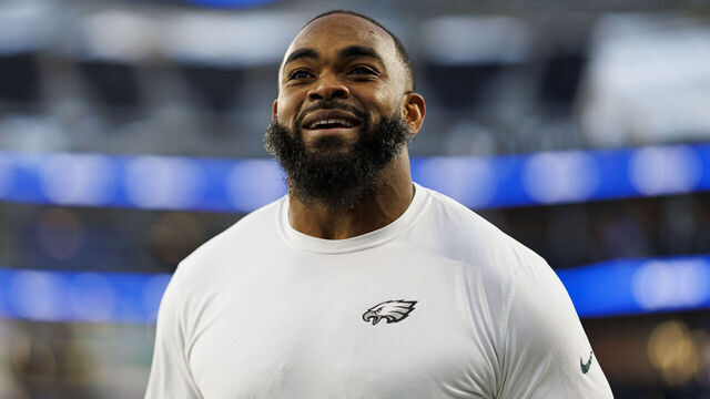 INGLEWOOD, CALIFORNIA - NOVEMBER 24: Defensive end Brandon Graham #55 of the Philadelphia Eagles stands on the field prior to an NFL football game against the Los Angeles Rams, at SoFi Stadium on November 24, 2024 in Inglewood, California.