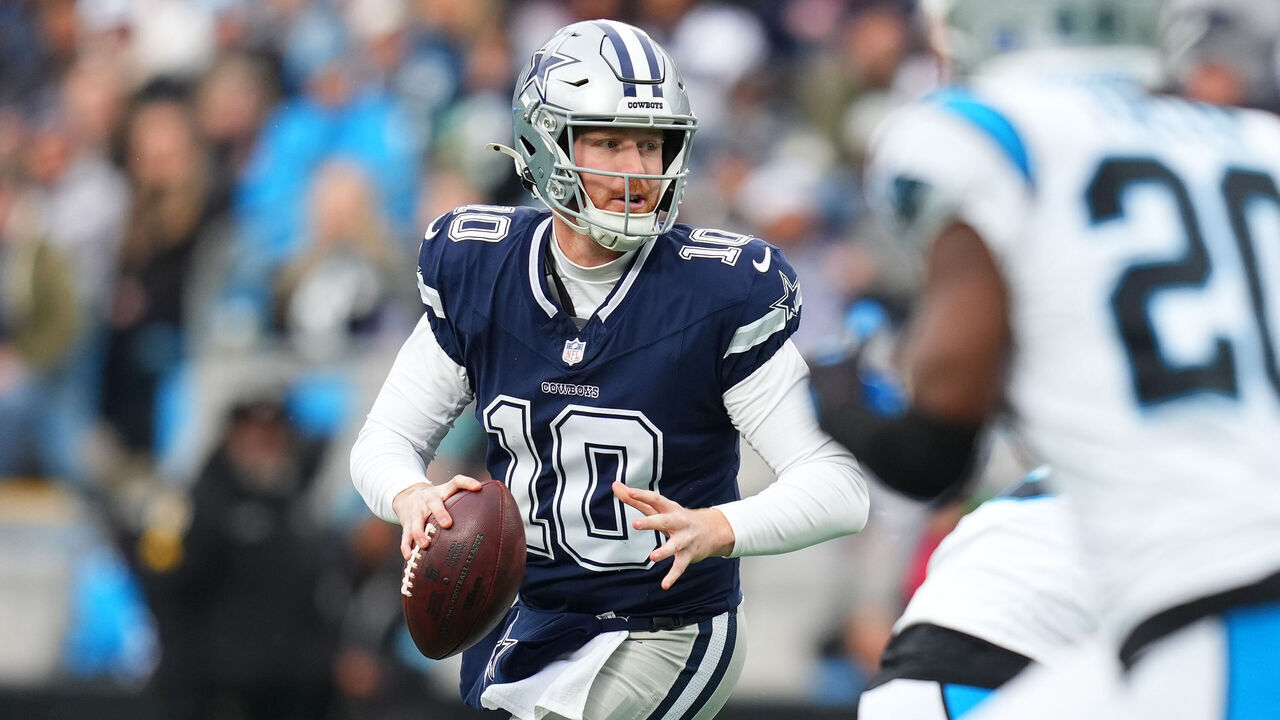 CHARLOTTE, NORTH CAROLINA - DECEMBER 15: Cooper Rush #10 of the Dallas Cowboys looks to pass against the Carolina Panthers during the second quarter at Bank of America Stadium on December 15, 2024 in Charlotte, North Carolina.