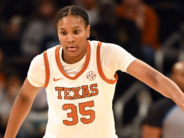 AUSTIN, TX - DECEMBER 11: Texas Longhorns guard Madison Booker (35) drops back in defense during game featuring the Southern University Jaguars and Texas Longhorns on December 11, 2024, at the Moody Center in Austin, TX.