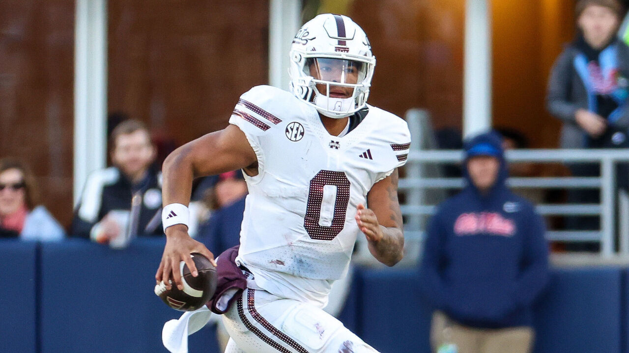 OXFORD, MISSISSIPPI - NOVEMBER 29: Michael Van Buren Jr #0 of the Mississippi State Bulldogs runs with the ball against the Mississippi Rebels during the second quarter at Vaught-Hemingway Stadium on November 29, 2024 in Oxford, Mississippi.