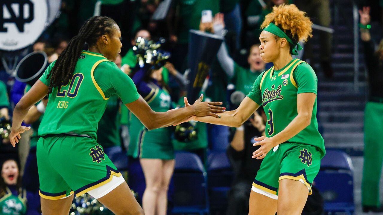SOUTH BEND, IN - DECEMBER 12: Liatu King #20 and Hannah Hidalgo #3 of Notre Dame are fired up after a three pointer during a game between Connecticut and Notre Dame at Purcell Pavillion at the Joyce Center on December 12, 2024 in South Bend, Indiana.