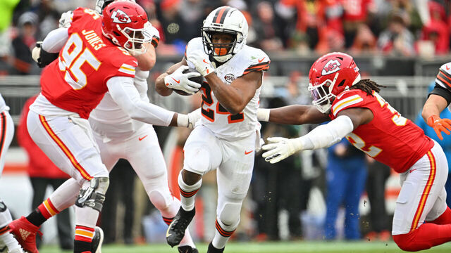 CLEVELAND, OHIO - DECEMBER 15: Nick Chubb #24 of the Cleveland Browns carries the ball against the Kansas City Chiefs during the second quarter at Huntington Bank Field on December 15, 2024 in Cleveland, Ohio.