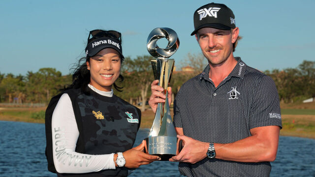 NAPLES, FLORIDA - DECEMBER 15: Patty Tavatanakit of Thailand and Jake Knapp of the United States pose with the trophy after putting in to win on the 18th green during the final round of the Grant Thornton Invitational 2024 at Tiburon Golf Club on December 15, 2024 in Naples, Florida.