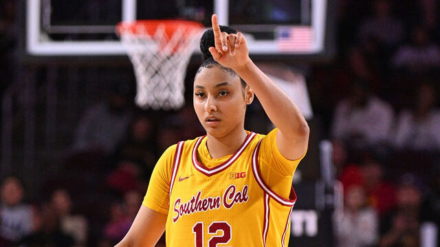LOS ANGELES, CA - DECEMBER 15: USC Trojans guard JuJu Watkins (12) celebrates after a basket during the women's college basketball game between the Elon Phoenix and the USC Trojans on December 15, 2024 at Galen Center in Los Angeles, CA.