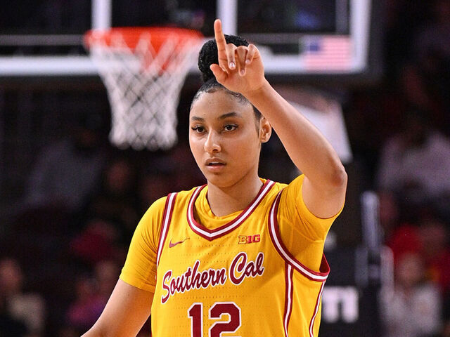 LOS ANGELES, CA - DECEMBER 15: USC Trojans guard JuJu Watkins (12) celebrates after a basket during the women's college basketball game between the Elon Phoenix and the USC Trojans on December 15, 2024 at Galen Center in Los Angeles, CA.
