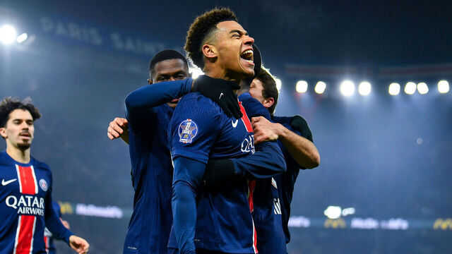 PARIS, FRANCE - DECEMBER 15: Desire Doue of PSG celebrates after his team's first goal during the Ligue 1 match between Paris Saint-Germain FC and Olympique Lyonnais at Parc des Princes on December 15, 2024 in Paris, France.