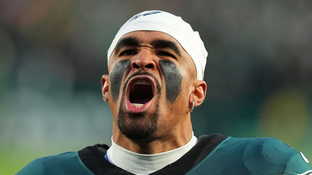 PHILADELPHIA, PENNSYLVANIA - DECEMBER 15: Jalen Hurts #1 of the Philadelphia Eagles reacts before the game against the Pittsburgh Steelers at Lincoln Financial Field on December 15, 2024 in Philadelphia, Pennsylvania.