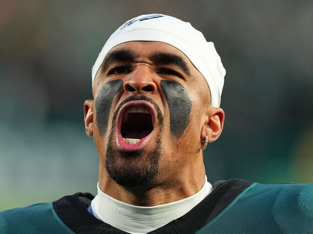 PHILADELPHIA, PENNSYLVANIA - DECEMBER 15: Jalen Hurts #1 of the Philadelphia Eagles reacts before the game against the Pittsburgh Steelers at Lincoln Financial Field on December 15, 2024 in Philadelphia, Pennsylvania.