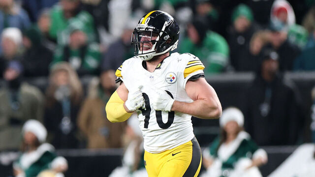 PHILADELPHIA, PENNSYLVANIA - DECEMBER 15: T.J. Watt #90 of the Pittsburgh Steelers celebrates a fumble recovery against the Philadelphia Eagles during the first quarter at Lincoln Financial Field on December 15, 2024 in Philadelphia, Pennsylvania.
