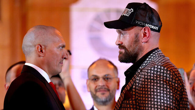 LONDON, ENGLAND - OCTOBER 23: Oleksandr Usyk and Tyson Fury face off during the Usyk v Fury 2 Press Conference ahead of their IBO, WBC and WBO World Heavyweight titles' fight at Guildhall on October 23, 2024 in London, England.