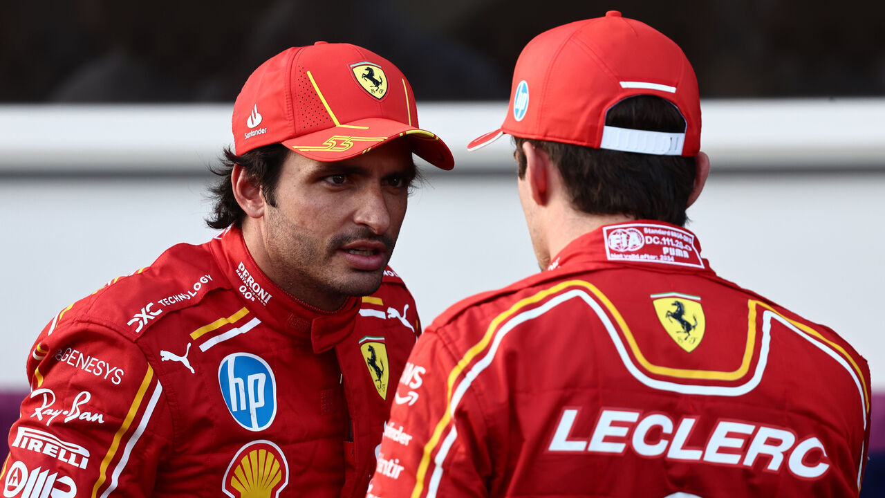 Carlos Sainz and Charles Leclerc of Ferrari after qualifying ahead of the Formula 1 Grand Prix of Azerbaijan at Baku City Circuit in Baku, Azerbaijan on September 14, 2024.