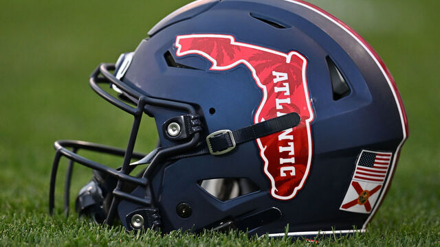 EAST HARTFORD, CT - SEPTEMBER 21: Florida Atlantic Owls branded helmet on the field during the college football game between the Florida Atlantic Owls and the UConn Huskies on September 21, 2024, at Pratt & Whitney Stadium in East Hartford, Connecticut.