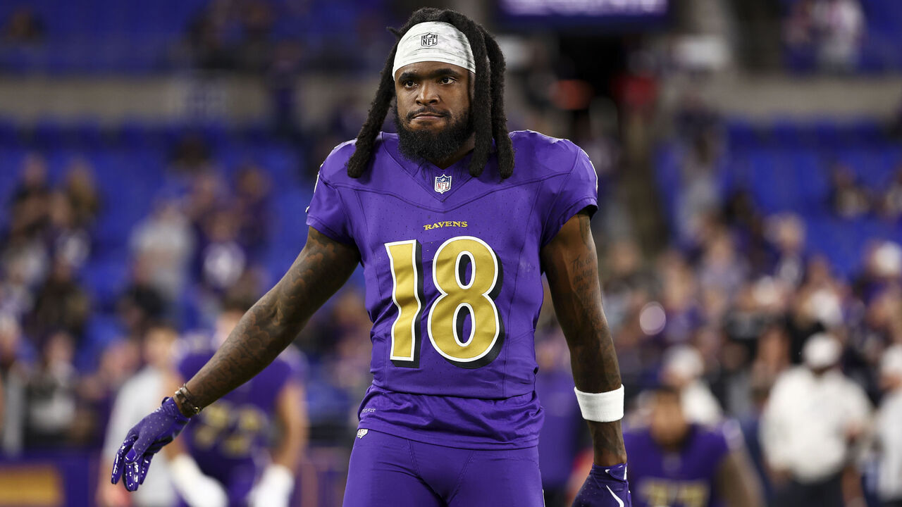 BALTIMORE, MARYLAND - NOVEMBER 7: Diontae Johnson #18 of the Baltimore Ravens warms up prior to an NFL football game against the Cincinnati Bengals at M&T Bank Stadium on November 7, 2024 in Baltimore, Maryland.