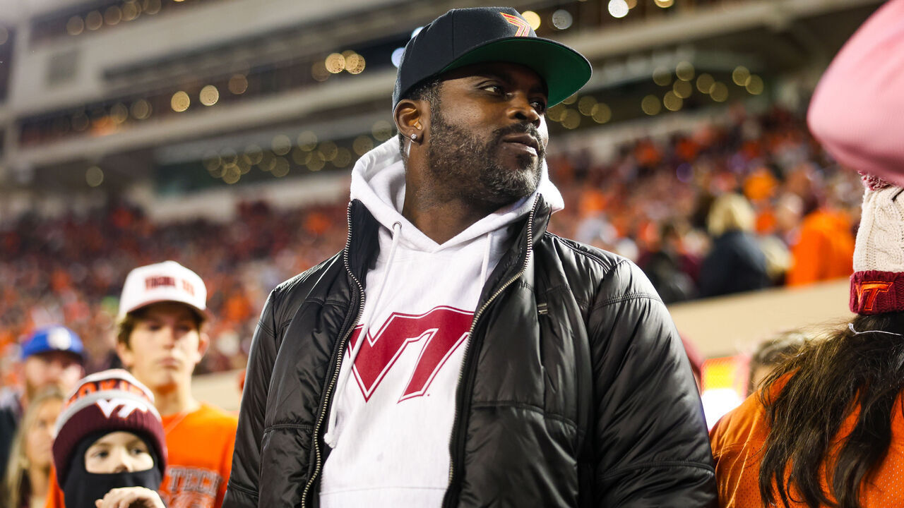 BLACKSBURG, VIRGINIA - OCTOBER 17: Michael Vick looks on prior to a game between the Virginia Tech Hokies and the Boston College Eagles at Lane Stadium on October 17, 2024 in Blacksburg, Virginia.