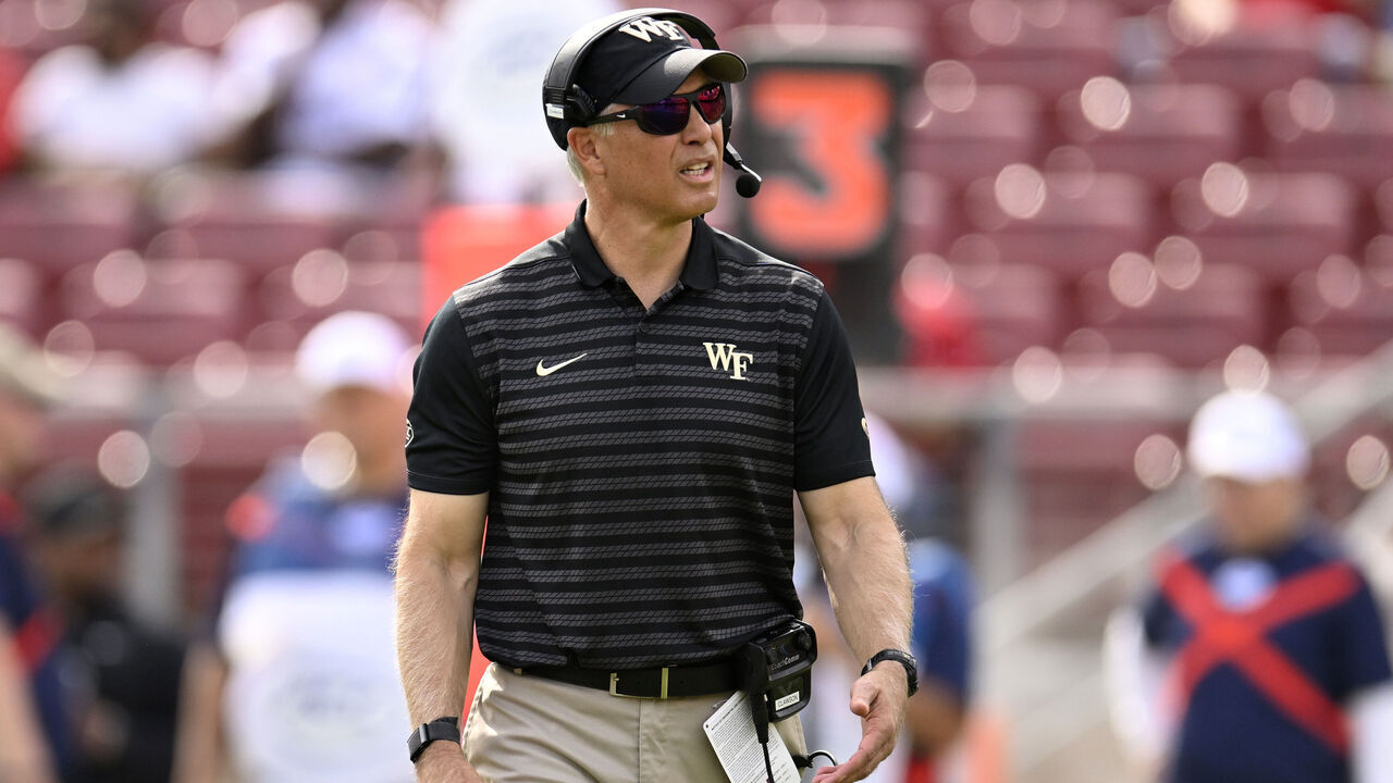 STANFORD, CALIFORNIA - OCTOBER 26: Head coach Dave Clawson of the Wake Forest Demon Deacons stands on the field during a time out against the Stanford Cardinal in the second quarter at Stanford Stadium on October 26, 2024 in Stanford, California.