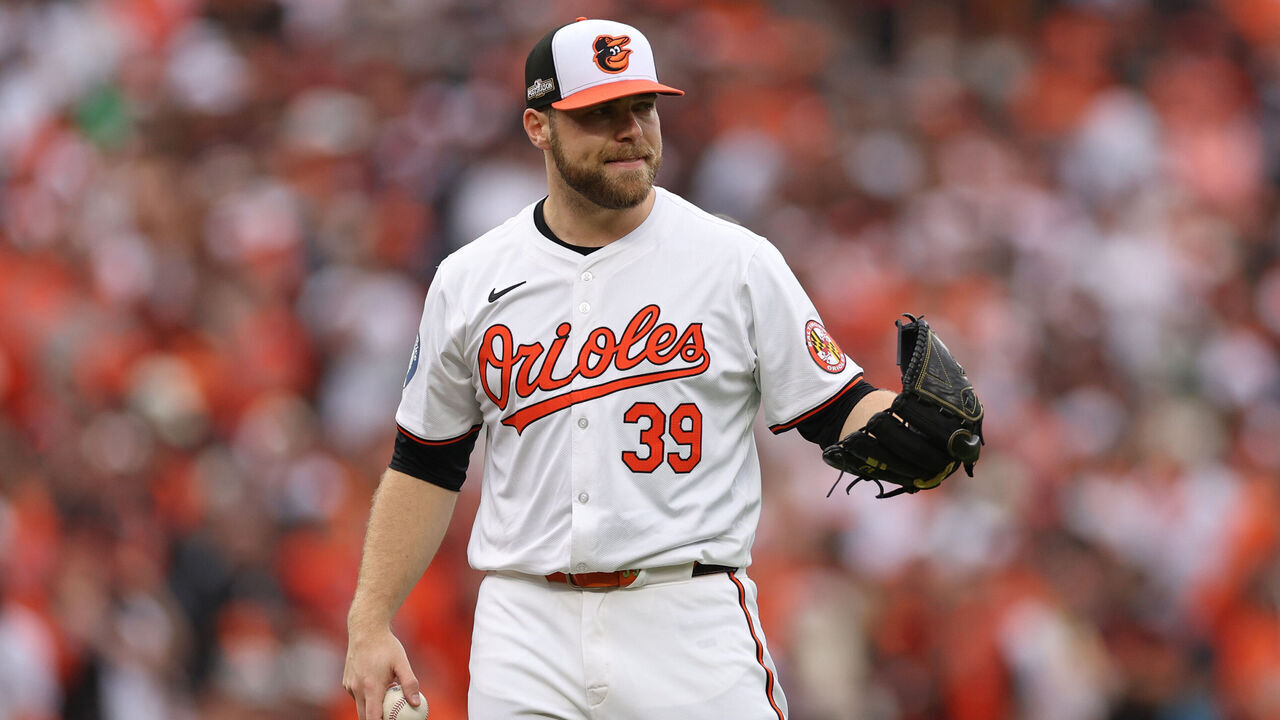 BALTIMORE, MARYLAND - OCTOBER 01: Corbin Burnes #39 of the Baltimore Orioles looks on against the Kansas City Royals during the first inning of Game One of the Wild Card Series at Oriole Park at Camden Yards on October 01, 2024 in Baltimore, Maryland.