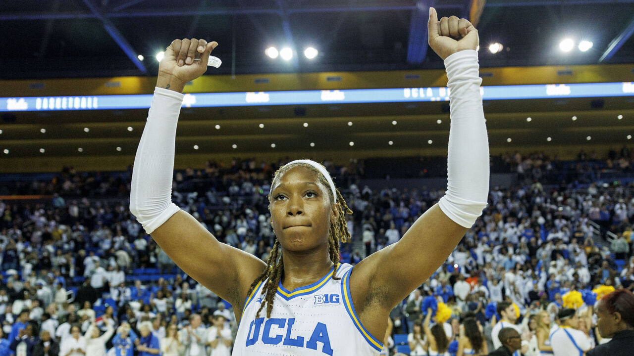 WESTWOOD, CA - NOVEMBER 24, 2024: UCLA Bruins forward Janiah Barker (0) reacts after UCLA beat #1 ranked South Carolina at Pauley Pavilion on November 24, 2024 in Westwood, California. (Gina Ferazzi / Los Angeles Times via Getty Images)