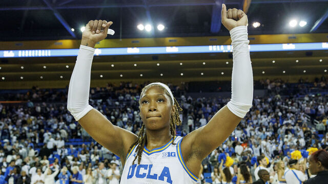 WESTWOOD, CA - NOVEMBER 24, 2024: UCLA Bruins forward Janiah Barker (0) reacts after UCLA beat #1 ranked South Carolina at Pauley Pavilion on November 24, 2024 in Westwood, California. (Gina Ferazzi / Los Angeles Times via Getty Images)