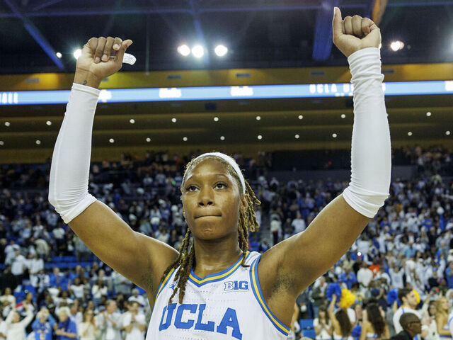 WESTWOOD, CA - NOVEMBER 24, 2024: UCLA Bruins forward Janiah Barker (0) reacts after UCLA beat #1 ranked South Carolina at Pauley Pavilion on November 24, 2024 in Westwood, California. (Gina Ferazzi / Los Angeles Times via Getty Images)