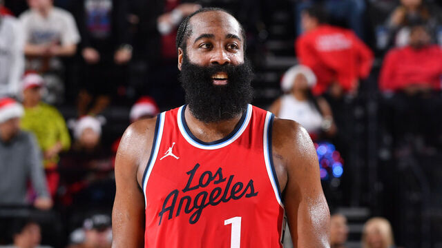 INGLEWOOD, CA - DECEMBER 16: James Harden #1 of the LA Clippers smiles during the game against the Utah Jazz on December 16, 2024 at Intuit Dome in Los Angeles, California. NOTE TO USER: User expressly acknowledges and agrees that, by downloading and/or using this Photograph, user is consenting to the terms and conditions of the Getty Images License Agreement. Mandatory Copyright Notice: Copyright 2024 NBAE