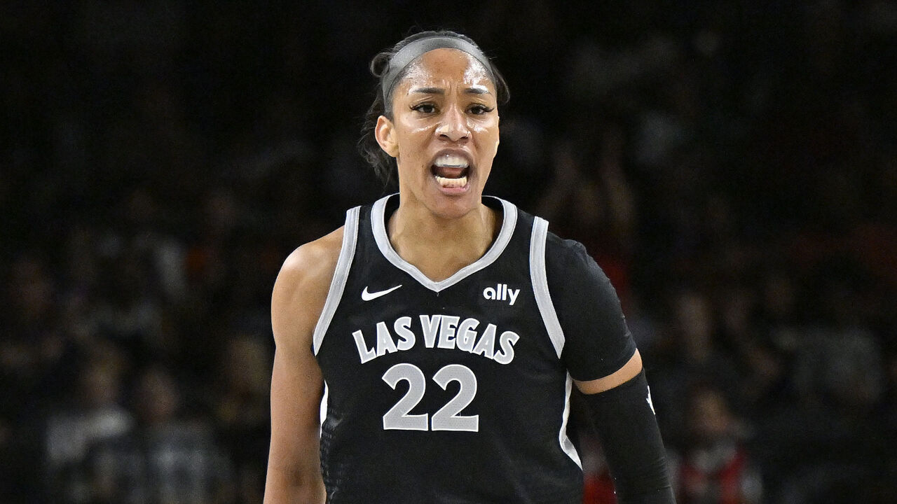 LAS VEGAS, NV - JUNE 15: A'ja Wilson #22 of the Las Vegas Aces celebrates during the game against the New York Liberty on June 15, 2024 at Michelob ULTRA Arena in Las Vegas, Nevada. Mandatory Copyright Notice: Copyright 2024 NBAE