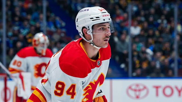VANCOUVER, CANADA - NOVEMBER 12: Brayden Pachal #94 of the Calgary Flames skates during the first period of their NHL game against the Vancouver Canucks at Rogers Arena on November 12, 2024 in Vancouver, British Columbia, Canada.