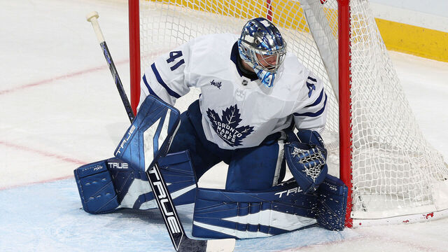 SUNRISE, FL - NOVEMBER 27: Goaltender Anthony Stolarz #41 of the Toronto Maple Leafs defends the net against the Florida Panthers at the Amerant Bank Arena on November 27, 2024 in Sunrise, Florida.