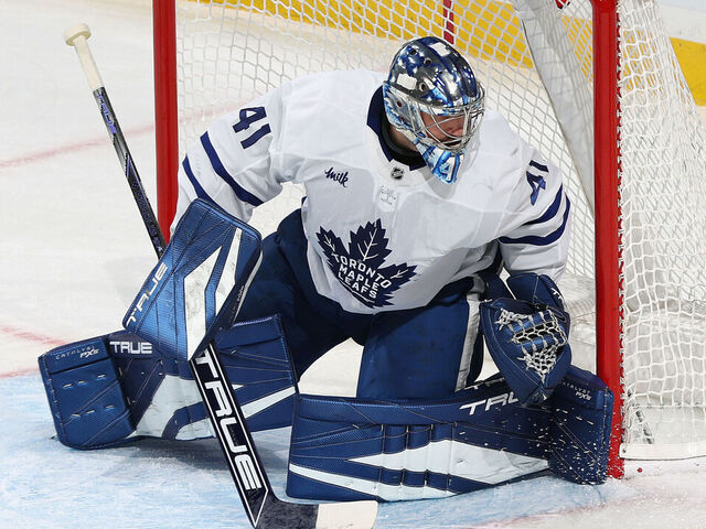 SUNRISE, FL - NOVEMBER 27: Goaltender Anthony Stolarz #41 of the Toronto Maple Leafs defends the net against the Florida Panthers at the Amerant Bank Arena on November 27, 2024 in Sunrise, Florida.