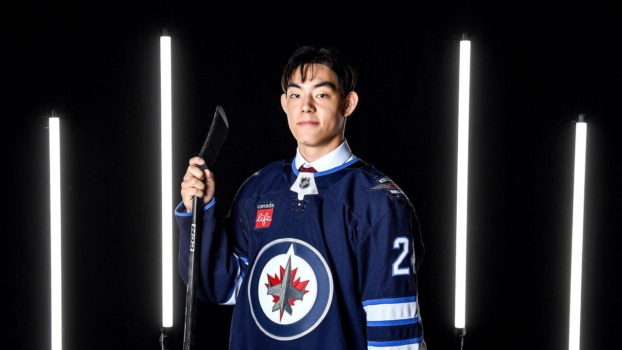 LAS VEGAS, NEVADA - JUNE 29: Kevin He poses for a portrait after being drafted by the Winnipeg Jets with the 109th overall pick in the 2024 Upper Deck NHL Draft at Sphere on June 29, 2024 in Las Vegas, Nevada.
