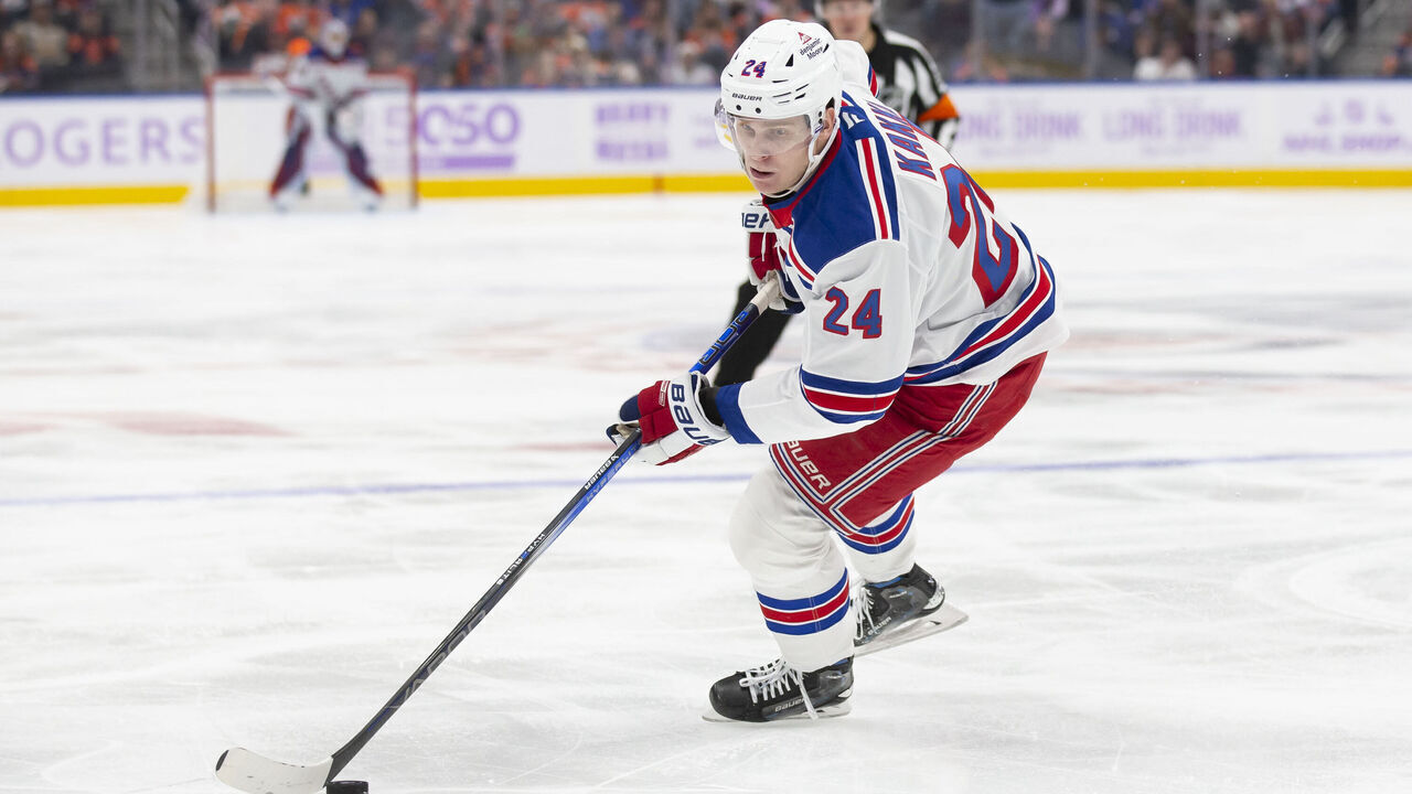 EDMONTON, CANADA - NOVEMBER 23: Kaapo Kakko #24 of the New York Rangers skates against the Edmonton Oilers during the third period at Rogers Place on November 23, 2024 in Edmonton, Canada.