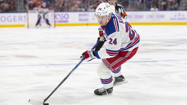 EDMONTON, CANADA - NOVEMBER 23: Kaapo Kakko #24 of the New York Rangers skates against the Edmonton Oilers during the third period at Rogers Place on November 23, 2024 in Edmonton, Canada.