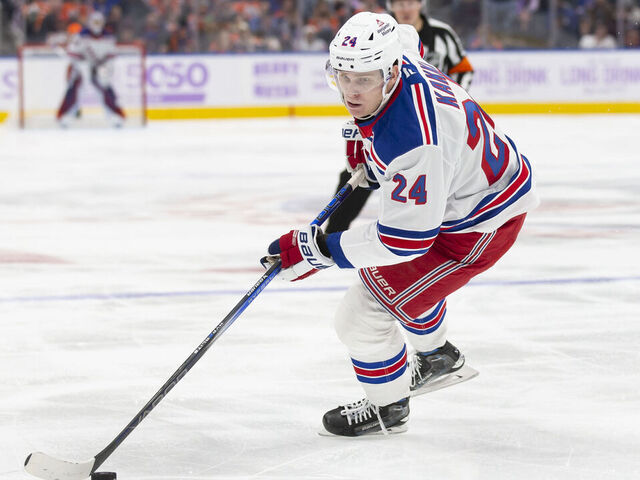 EDMONTON, CANADA - NOVEMBER 23: Kaapo Kakko #24 of the New York Rangers skates against the Edmonton Oilers during the third period at Rogers Place on November 23, 2024 in Edmonton, Canada.