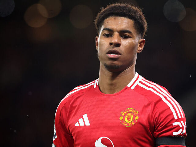 MANCHESTER, ENGLAND - DECEMBER 7: Manchester United's Marcus Rashford during the Premier League match between Manchester United FC and Nottingham Forest FC at Old Trafford on December 7, 2024 in Manchester, England.