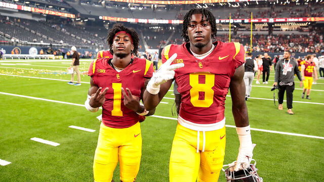 LAS VEGAS, NV - SEPTEMBER 01: USC Trojans wide receiver Zachariah Branch (1) and USC Trojans safety Zion Branch (8) during the Modelo Vegas Kickoff Classic featuring the USC Trojans versus the LSU Tigers on September 1, 2024 at Allegiant Stadium in Las Vegas, Nevada.